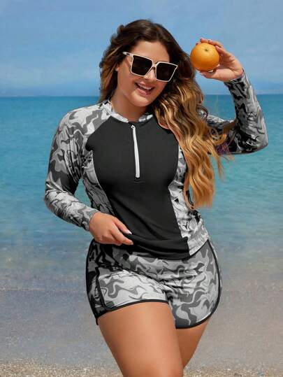 Swim SPRTY مجموعة بلوزة ورشاقة للسباحة بأكمام طويلة ذات طبعات عشوائية مع شورت سباحة للمرأة ذات المقاسات الكبيرة