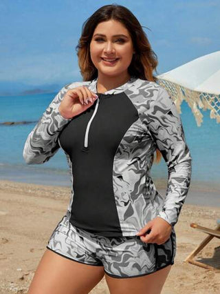 Swim SPRTY مجموعة بلوزة ورشاقة للسباحة بأكمام طويلة ذات طبعات عشوائية مع شورت سباحة للمرأة ذات المقاسات الكبيرة