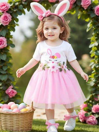 فساتين بيبي Glamorique Kids فستان بناتي بطبعات أزهار وأرنب وشبكة خيشية باللون البنفسجي, ربيع/صيف