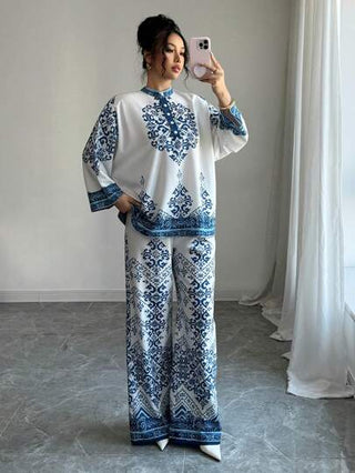 طقم حريمي قطعتين Elenzga مجموعة بلوزة بطباعة زهور نسائية بأكمام 3/4 وبنطلون نسائي مطبوع مع خصر مرن، قطعة واحدة