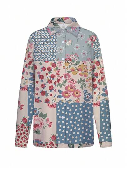 بلوزة نسائية طويلة الأكمام موضة طباعة الزهور للربيع والصيف وصول جديد, قميص بيت مريح فضفاض مرن أنيق بطابع الشارع