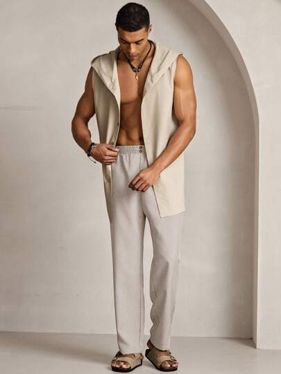 Manfinity VCAY بناطيل طويلة مستقيمة للرجال ذات خصر مرن وفضفاضة من القماش المنسوج باللون الأحادي