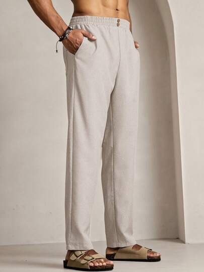 Manfinity VCAY بناطيل طويلة مستقيمة للرجال ذات خصر مرن وفضفاضة من القماش المنسوج باللون الأحادي