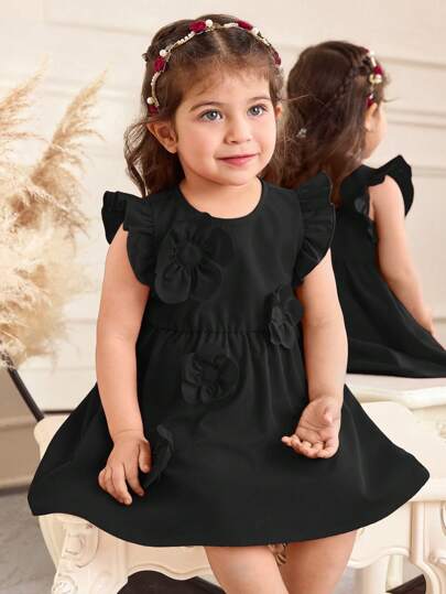 فساتين بيبي فستان صيفي وردي رقيق للأطفال البنات مزين بأزهار ثلاثية الأبعاد، بأكمام واسعة وذيل مكرر