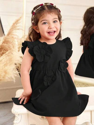 فساتين بيبي فستان صيفي وردي رقيق للأطفال البنات مزين بأزهار ثلاثية الأبعاد، بأكمام واسعة وذيل مكرر