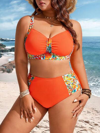 Swim Lushoire ملابس سباحة عشوائية البرنت ذات ذراعين منفصلة للنساء كبيرات الحجم، مجموعة 2 قطعة