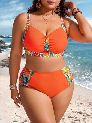 Swim Lushoire ملابس سباحة عشوائية البرنت ذات ذراعين منفصلة للنساء كبيرات الحجم، مجموعة 2 قطعة
