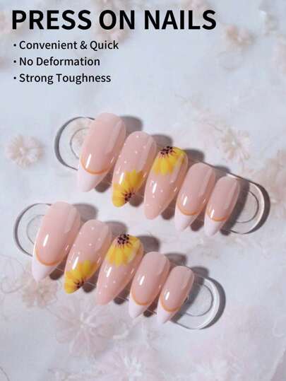 24 قطعة من أظافر نصف القمر مصممة بزهور عباد الشمس، أظافر اصطناعية بطراز فرنسي إلى الأسفل تجلس بإتقان على الأظافر الاصطناعية، تشمل: 1 قطعة لاصق جيلي و 1 قطعة مبرد أظافر، أظافر زهرية وأظافر صيفية للنساء والفتيات لارتدائها في المناسبات واليوم اليومي