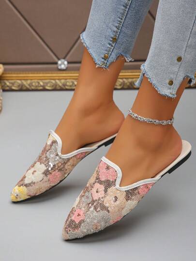 حذاء مريح مطرز بالترتر بتصميم إصبعي مدبب الشكل، زلاق بدون بطانة، مناسب للنساء في المقاسات 35-45، للتنسيق مع إطلالات الربيع والصيف والخريف