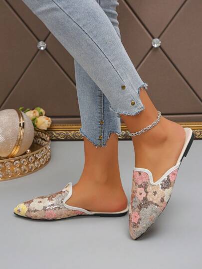 حذاء مريح مطرز بالترتر بتصميم إصبعي مدبب الشكل، زلاق بدون بطانة، مناسب للنساء في المقاسات 35-45، للتنسيق مع إطلالات الربيع والصيف والخريف