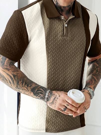 Manfinity Homme قميص بولو أكمام قصيرة للرجال، بأزرار مع نسيج متباين