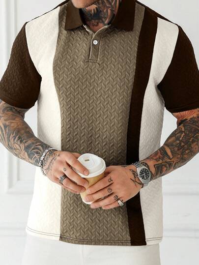 Manfinity Homme قميص بولو أكمام قصيرة للرجال، بأزرار مع نسيج متباين