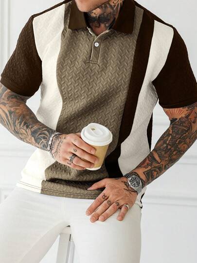 Manfinity Homme قميص بولو أكمام قصيرة للرجال، بأزرار مع نسيج متباين