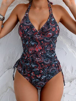 طقم تانكيني حريمي Swim Lushoire للمرأة مجموعة من قطعتين، سترة ذات طبعة وياقة على شكل حرف V مع أشرطة قابلة للتعديل ، وبكيني، مناسبة للصيف وعطلات الشاطئ