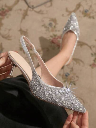 CUCCOO TILAWA أحذية كعب مفتوحة للإصبع الأنيقة مرصعة بالراين للنساء للزفاف، لون فضي