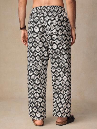 Manfinity ModaGents بنطلون رجالي بخصر متوسط ، واسع الساق ، بنمط مربعات معقد منسوج، بسحاب