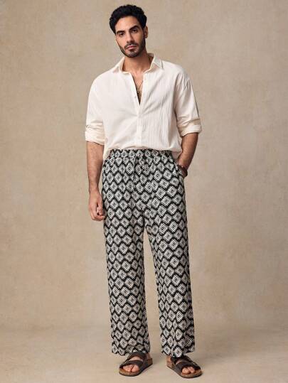 Manfinity ModaGents بنطلون رجالي بخصر متوسط ، واسع الساق ، بنمط مربعات معقد منسوج، بسحاب