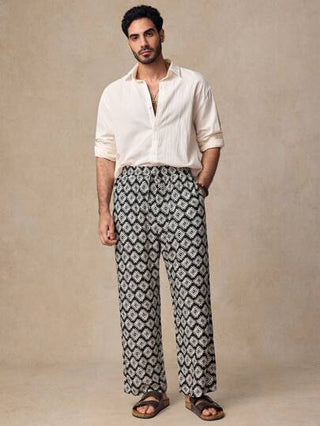 Manfinity ModaGents بنطلون رجالي بخصر متوسط ، واسع الساق ، بنمط مربعات معقد منسوج، بسحاب