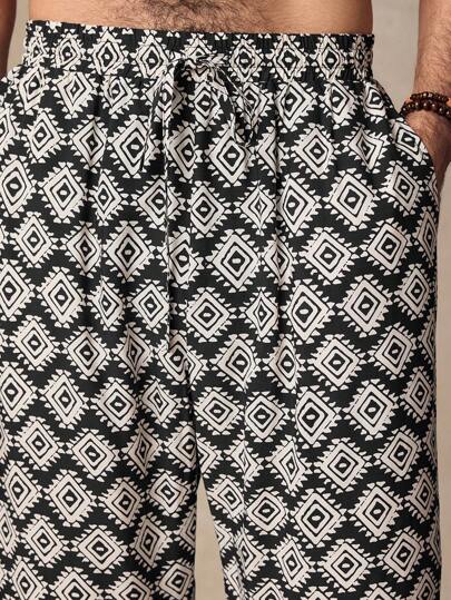 Manfinity ModaGents بنطلون رجالي بخصر متوسط ، واسع الساق ، بنمط مربعات معقد منسوج، بسحاب