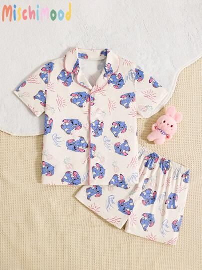 بيجاما طقم بجامة 2 قطعة قصير الأكمام برسومات أرنب أزرق ذو أذن منفرطة مناسب للبنات، بتصميم كرتوني ومريح للاستخدام اليومي، طقم ملابس نوم للبنات الصغيرات، ملابس للبنات في عيد الفصح