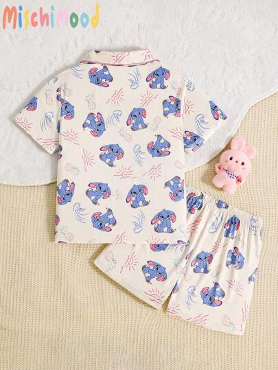 بيجاما طقم بجامة 2 قطعة قصير الأكمام برسومات أرنب أزرق ذو أذن منفرطة مناسب للبنات، بتصميم كرتوني ومريح للاستخدام اليومي، طقم ملابس نوم للبنات الصغيرات، ملابس للبنات في عيد الفصح