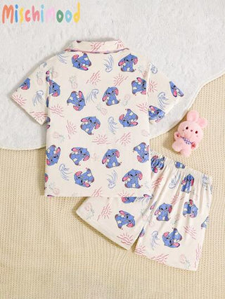 بيجاما طقم بجامة 2 قطعة قصير الأكمام برسومات أرنب أزرق ذو أذن منفرطة مناسب للبنات، بتصميم كرتوني ومريح للاستخدام اليومي، طقم ملابس نوم للبنات الصغيرات، ملابس للبنات في عيد الفصح