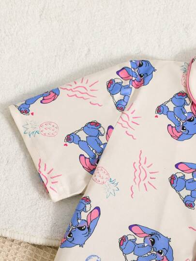 بيجاما طقم بجامة 2 قطعة قصير الأكمام برسومات أرنب أزرق ذو أذن منفرطة مناسب للبنات، بتصميم كرتوني ومريح للاستخدام اليومي، طقم ملابس نوم للبنات الصغيرات، ملابس للبنات في عيد الفصح