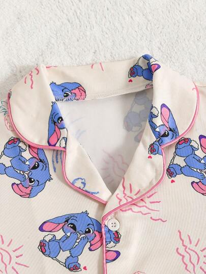 بيجاما طقم بجامة 2 قطعة قصير الأكمام برسومات أرنب أزرق ذو أذن منفرطة مناسب للبنات، بتصميم كرتوني ومريح للاستخدام اليومي، طقم ملابس نوم للبنات الصغيرات، ملابس للبنات في عيد الفصح