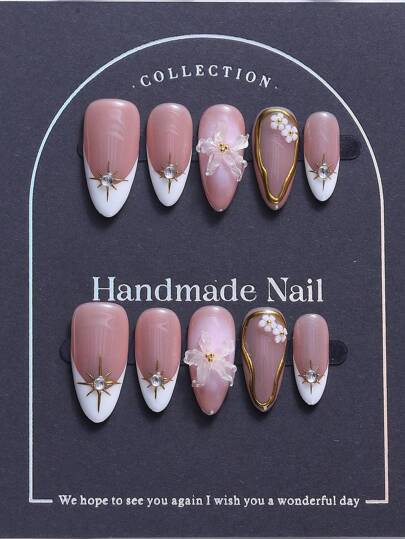 10 قطعة مجموعة أظافر بشكل اللوز على الطراز الأوروبي والأمريكي، مزينة يدويًا بطراز فرنسي ذو نقوش ثلاثية الأبعاد مرصعة بالراين ستون ذهبي، طراز Y2K وINS الفاخر، مناسبة للسيدات والفتيات