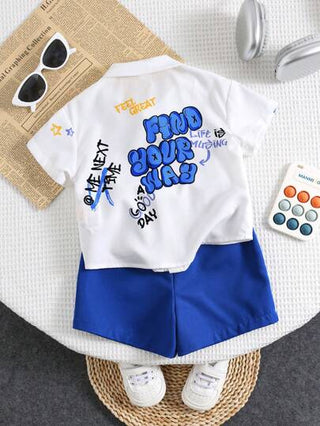 مجموعة بلوزة أكمام قصيرة بيضاء و شورت أزرق للأطفال الصغار (مجموعتان)، مريحة للارتداء اليومي، مناسبة للداخل والخارج واليومي والرياضة واللعب والأعياد والتصوير الفوتوغرافي والعطلات والمناسبات في الربيع والصيف