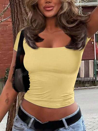 تيشيرت سيدات بياقة مربعة وأكمام قصيرة، توب صيفي قصير، تيشيرت أساسي لطيف بلون أصفر زبدة