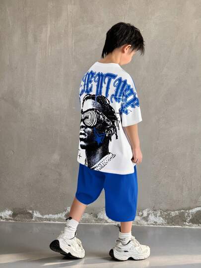 مجموعة تي شيرت عنق دائري مطبوع بحرف وبورتريه والشورت خصر مطاطي ملائمة لأولاد المراهقين بطراز الشارع المريح، 2 قطعة/طقم، للاستخدام في الخريف ، الربيع ، الصيف ، اللعب في الهواء الطلق ، المدرسة ، التصوير في الشارع ، الحفلات ، الترفيه