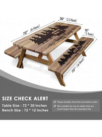 مجموعة طاولة نزهة خشبية مكونة من 3 قطع مزينة بتصميم "متعة التخييم" - أغطية طاولة وبنك من البوليستر مع حواف مطاطية، مثالية للاستخدام في حديقة المنزل والمستلزمات التخييمية، مقاس 72 بوصة، مستلزمات التخييم | أغطية طاولة زخرفية | أغطية ذات حواف مطاطية