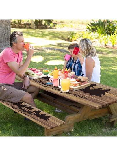 مجموعة طاولة نزهة خشبية مكونة من 3 قطع مزينة بتصميم "متعة التخييم" - أغطية طاولة وبنك من البوليستر مع حواف مطاطية، مثالية للاستخدام في حديقة المنزل والمستلزمات التخييمية، مقاس 72 بوصة، مستلزمات التخييم | أغطية طاولة زخرفية | أغطية ذات حواف مطاطية