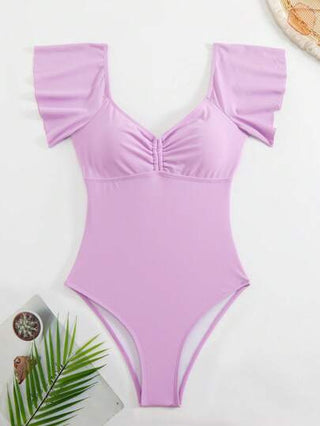 مايوه حريمي قطعة واحدة Swim Mod بذلة سباحة نسائية بأكمام باديكة مطوية قصيرة، بتصميم أنيق للسفر