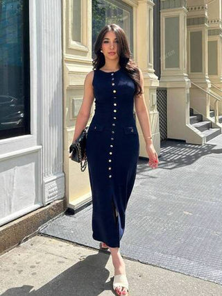 فساتين حريمي فستان كاجوال مصنوع من الترينيت ذو أنيق وعصري أكمام بأزرار معدنية أنيقة، تصميم ضيق مناسب للنساء ،مناسب للربيع والصيف