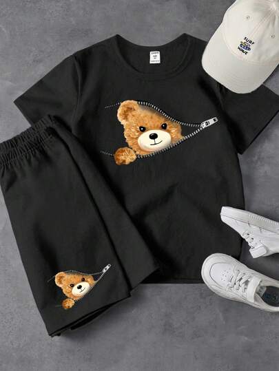 قميص وشورت ذو أكمام قصيرة لطفل صغير مع طبعة دب كرتوني بتصميم لطيف عفوي