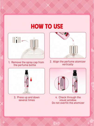 HELLO KITTY AND FRIENDS | SHEIN زجاجات قابلة لإعادة التعبئة بتصميم القطة الكرتونية الجميلة بنمط الكرز، مملوءة بسائل في القاع، يمكن استخدامها لتزيين العطور ومستحضرات العناية بالبشرة، تصميم الزجاجة مدمج وسهل الحمل