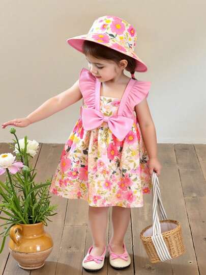 فساتين بيبي طقم بنطلون وقبّعة طفولية للبنات بفراشات مصغرة وفيونكة، للربيع/الصيف قطعتان