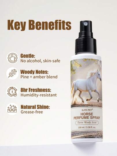 بخاخ عطر الخيل برائحة خشبية مشرقة - نقاء طويل الأمد وبريق للفرو| صيغة خالية من الكحول وخالية من المواد المسببة للحساسية| 3.38 أونصة سائلة لعروض الخيل, التدريب والبشرة الحساسة