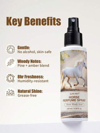بخاخ عطر الخيل برائحة خشبية مشرقة - نقاء طويل الأمد وبريق للفرو| صيغة خالية من الكحول وخالية من المواد المسببة للحساسية| 3.38 أونصة سائلة لعروض الخيل, التدريب والبشرة الحساسة