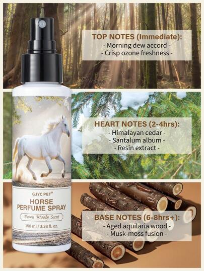 بخاخ عطر الخيل برائحة خشبية مشرقة - نقاء طويل الأمد وبريق للفرو| صيغة خالية من الكحول وخالية من المواد المسببة للحساسية| 3.38 أونصة سائلة لعروض الخيل, التدريب والبشرة الحساسة
