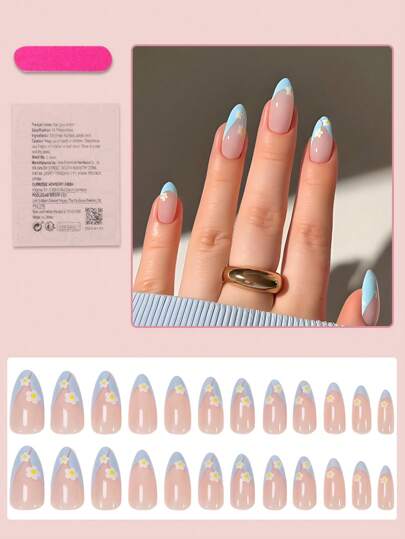 24 قطعة أظافر مستعارة لوز متوسطة مع تصميمات باللون الأزرق وزهور لاطلالة طبيعية وانيقة للنساء والفتيات، مناسبة للاستخدام اليومي خلال فصل الصيف