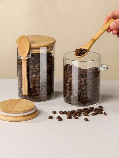 قطعة واحدة وعاء محكم الإغلاق من البلاستيك الشفاف مع غطاء من البامبو وملعقة، حاوية تخزين مطبخية لحفظ الحبوب والمكسرات والفواكه المجففة