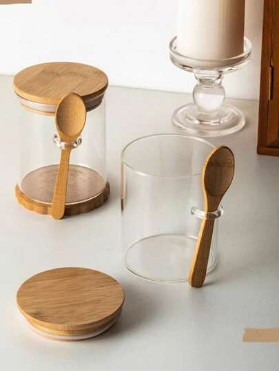 قطعة واحدة وعاء محكم الإغلاق من البلاستيك الشفاف مع غطاء من البامبو وملعقة، حاوية تخزين مطبخية لحفظ الحبوب والمكسرات والفواكه المجففة