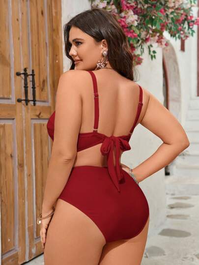 Swim Mod مجموعة بدلة سباحة قطعتين تانكيني ذات ياقة غاطسة لون أحادي للمرأة ذات الحجم الكبير، للعطلات