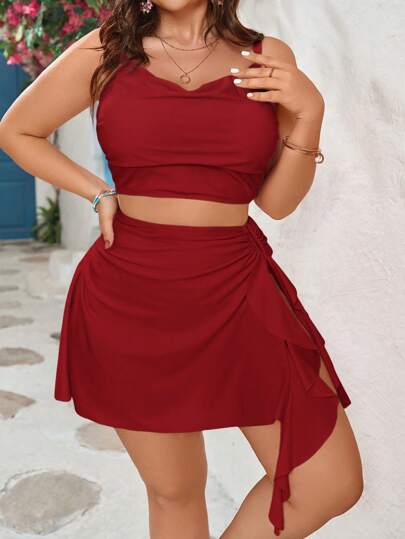 Swim Mod مجموعة بدلة سباحة قطعتين تانكيني ذات ياقة غاطسة لون أحادي للمرأة ذات الحجم الكبير، للعطلات