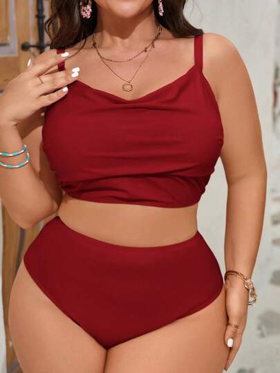 Swim Mod مجموعة بدلة سباحة قطعتين تانكيني ذات ياقة غاطسة لون أحادي للمرأة ذات الحجم الكبير، للعطلات