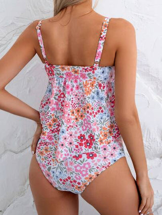 طقم تانكيني حريمي Swim مجموعة من قطعة واحدة ذات طبعة زهور صيفية مع فيونكة على الصدر وسراويل بيكيني للنساء