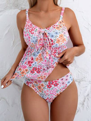 طقم تانكيني حريمي Swim مجموعة من قطعة واحدة ذات طبعة زهور صيفية مع فيونكة على الصدر وسراويل بيكيني للنساء